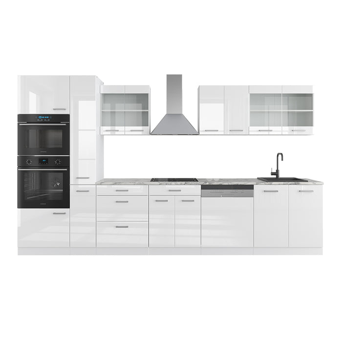 Vicco Cucina componibile Bianco lucido/bianco 350 cm con armadio alto, PL Marmo