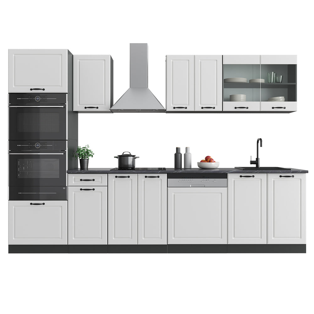Vicco Cucina componibile Bianco casa di campagna/antracite 300 cm con armadio alto, PL Marmo