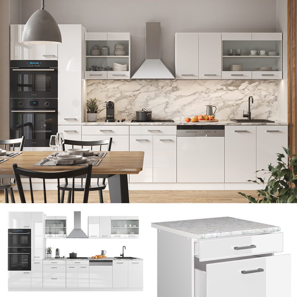 Vicco Cucina componibile Bianco lucido/bianco 350 cm con armadio alto, PL Rovere