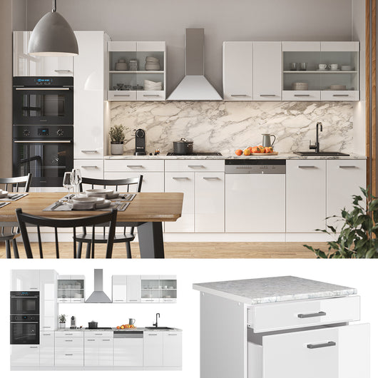 Vicco Cucina componibile Bianco lucido/bianco 350 cm con armadio alto, senza piano di lavoro