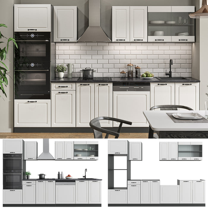 Vicco Cucina componibile Bianco casa di campagna/antracite 300 cm con armadio alto, PL Rovere