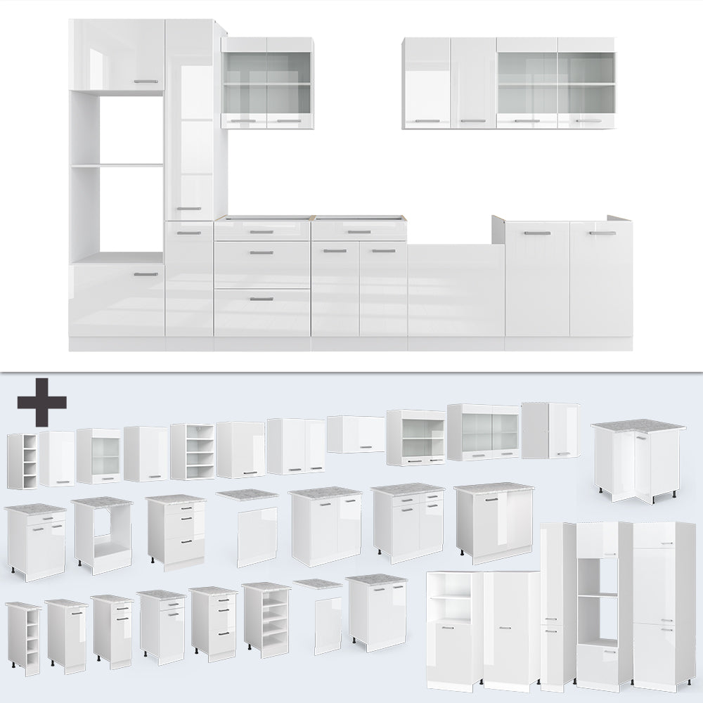 Vicco Cucina componibile Bianco lucido/bianco 350 cm con armadio alto, PL Marmo