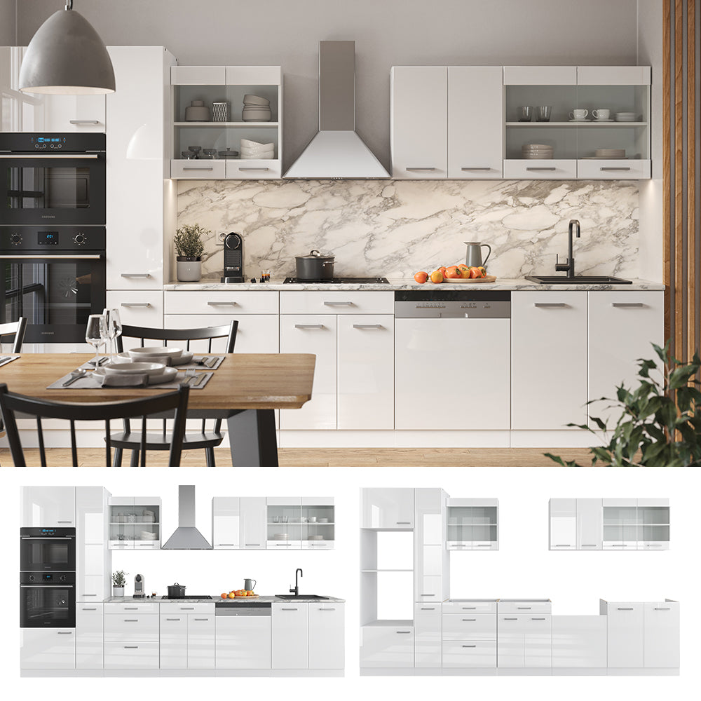Vicco Cucina componibile Bianco lucido/bianco 350 cm con armadio alto, PL Rovere