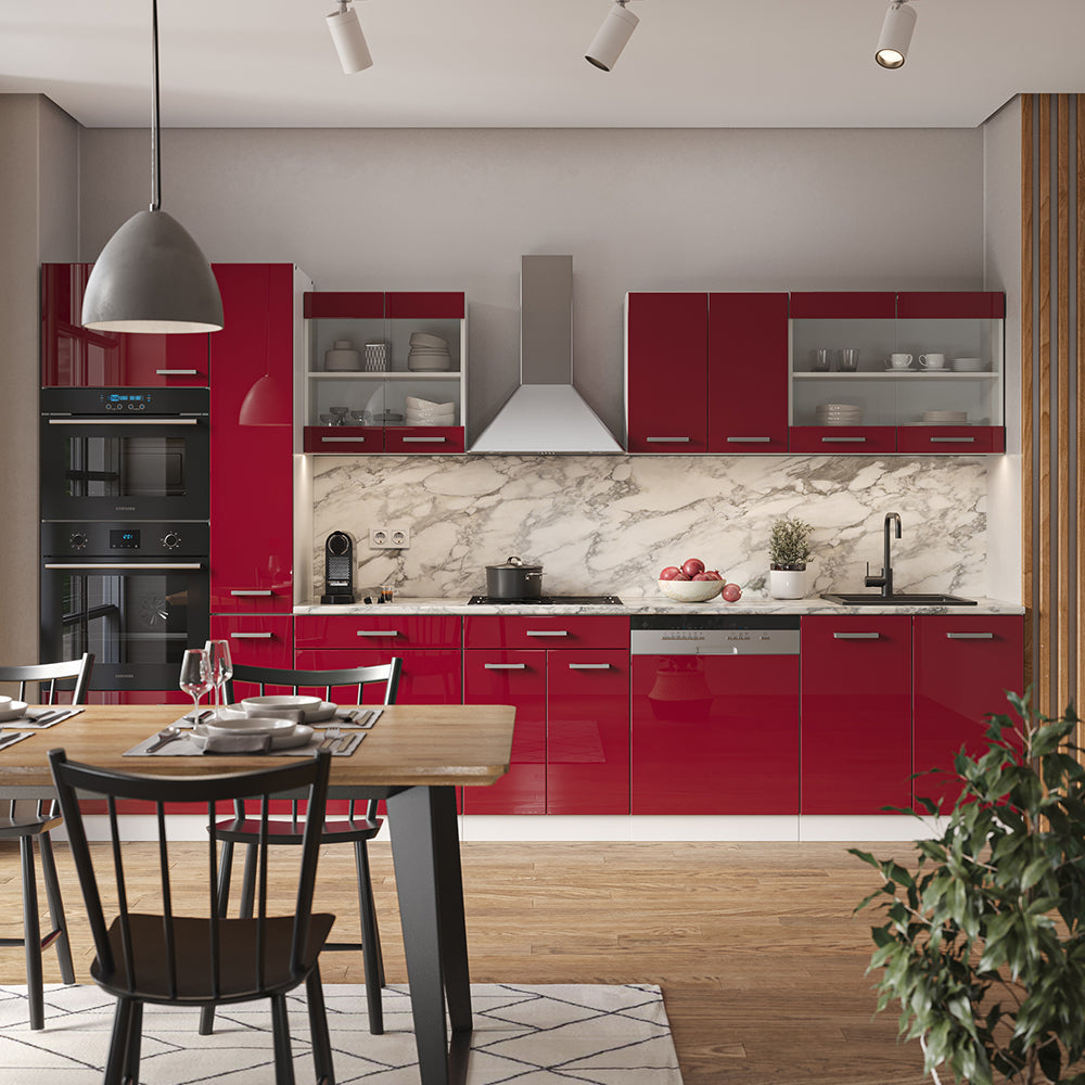 Vicco Mobile da cucina Rosso lucido/bianco 350 cm con armadio alto, PL Rovere