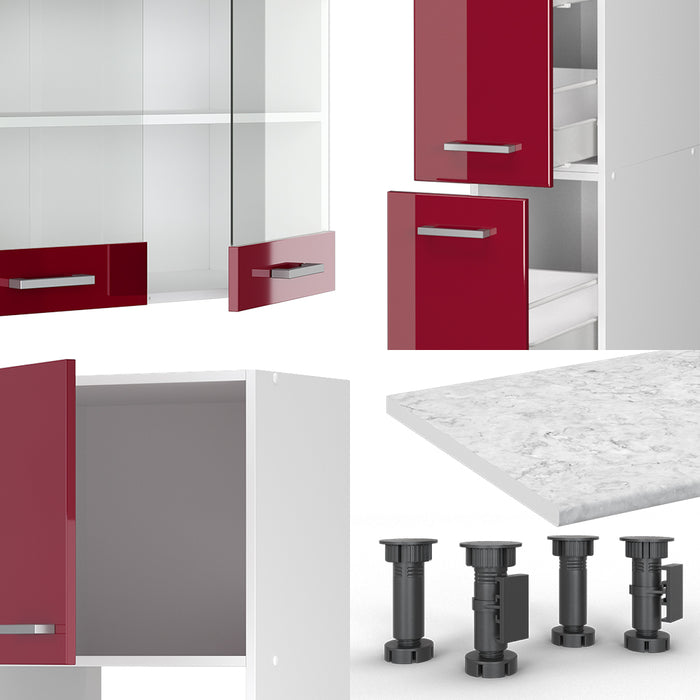 Vicco Cucina Rosso lucido/bianco 350 cm con armadio alto, PL Marmo