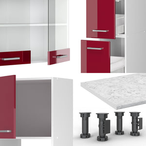 Vicco Mobile da cucina Rosso lucido/bianco 350 cm con armadio alto, PL Rovere