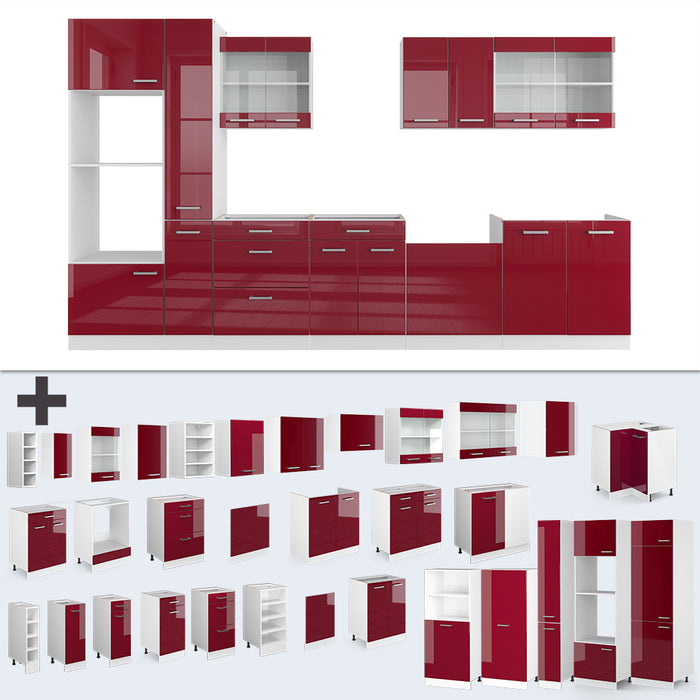Vicco Cucina componibile Rosso lucido/bianco 350 cm con armadio alto, senza piano di lavoro