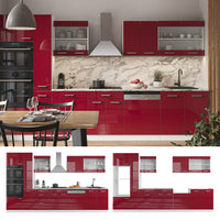 Vicco Cucina componibile Rosso lucido/bianco 350 cm con armadio alto, senza piano di lavoro