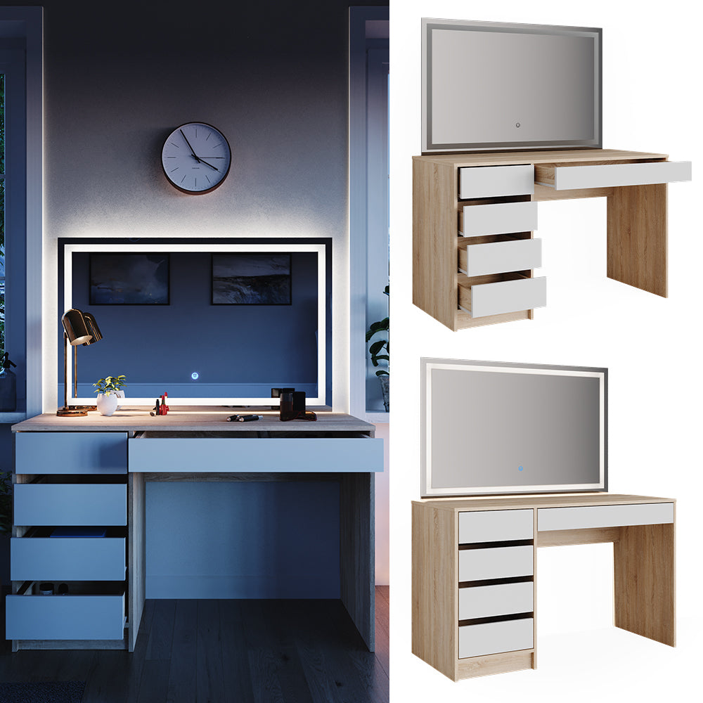 Vicco Tavolo da toeletta Bianco/Sonoma 55 cm con specchio a LED