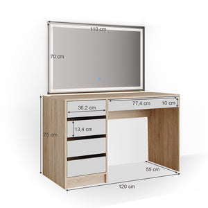 Vicco Tavolo da toeletta Bianco/Sonoma 55 cm con specchio a LED