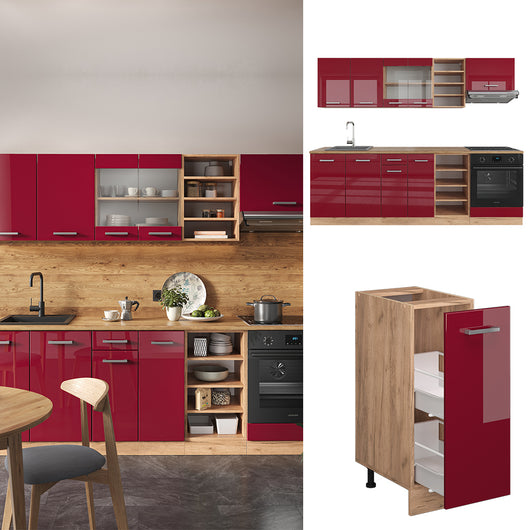 Vicco Cucina componibile Rosso lucido/rovere dorato 240 cm senza piano di lavoro