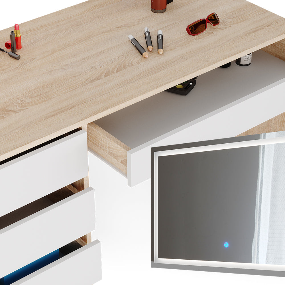 Vicco Tavolo da toeletta Bianco/Sonoma 55 cm con specchio LED e sgabello