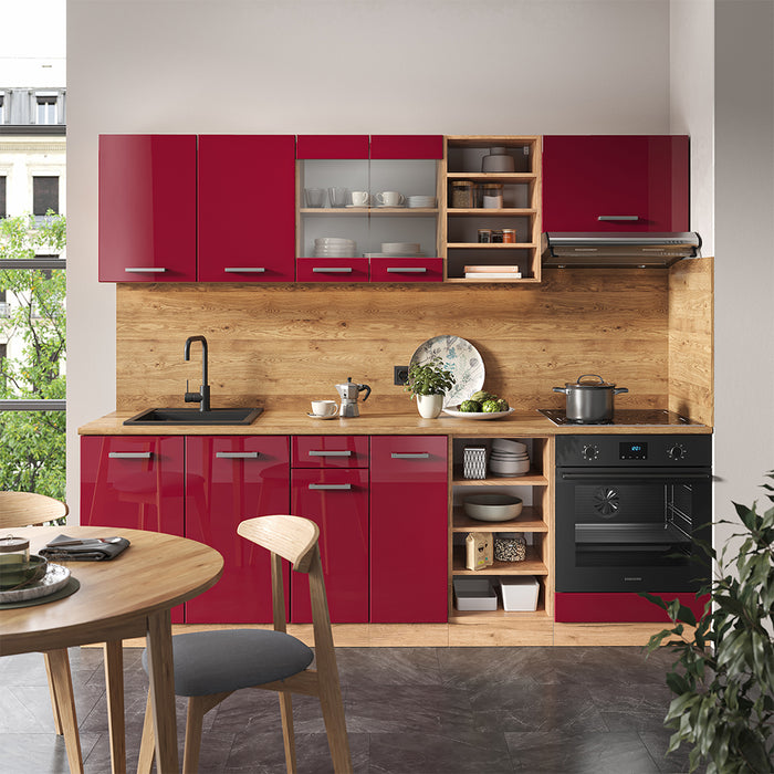 Vicco Cucina componibile Rosso lucido/rovere dorato 240 cm , PL Marmo
