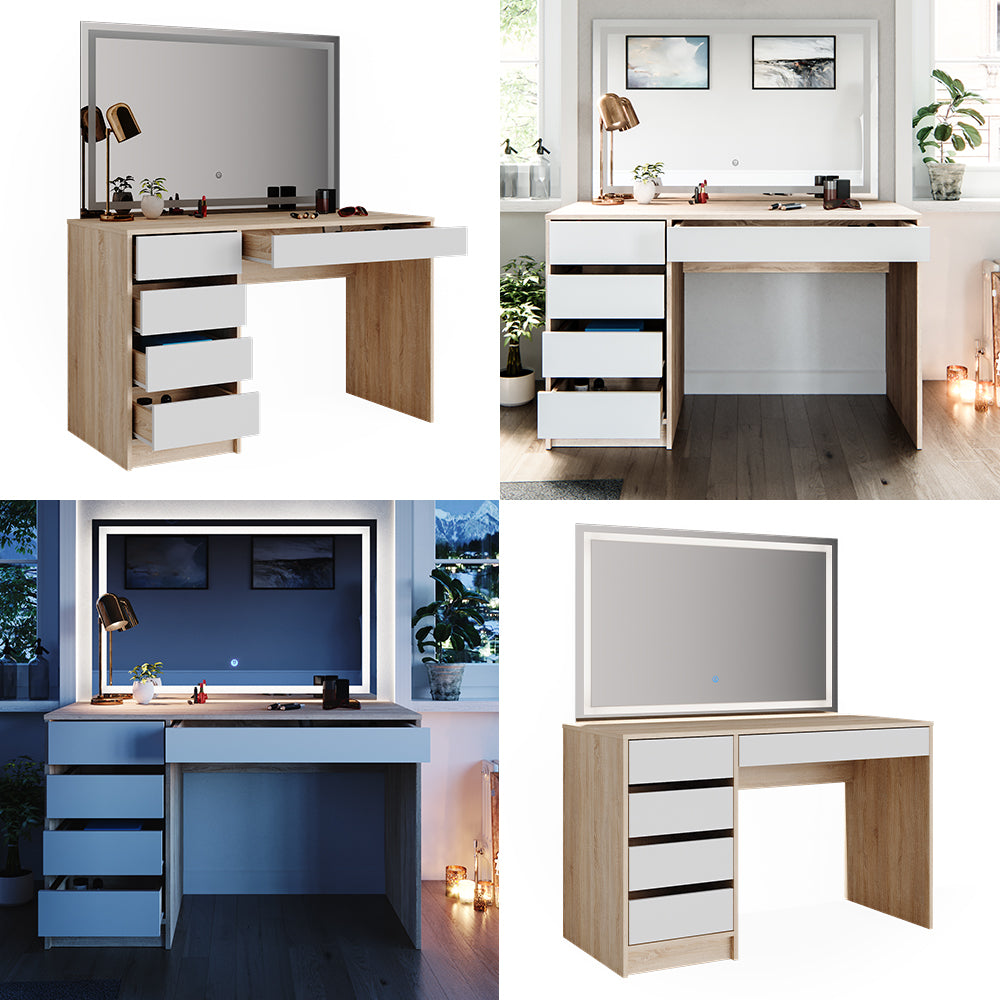 Vicco Tavolo da toeletta Bianco/Sonoma 55 cm con specchio a LED