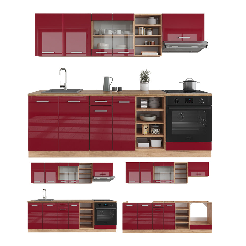 Vicco Cucina componibile Rosso lucido/rovere dorato 240 cm , PL Marmo