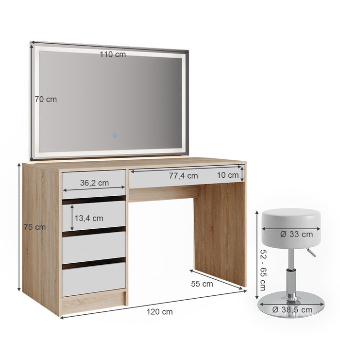 Vicco Tavolo da toeletta Bianco/Sonoma 55 cm con specchio LED e sgabello