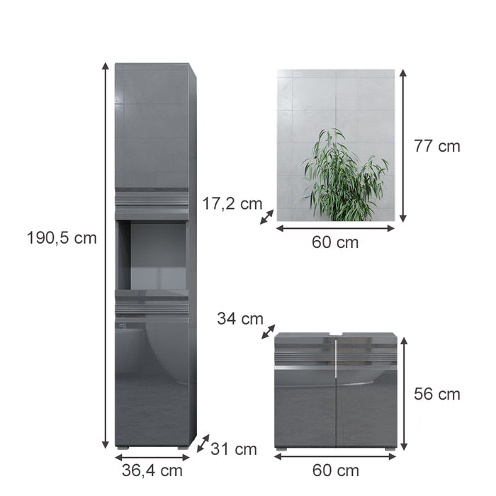 Vicco Set mobili bagno Antracite lucido 3 parti, con colonna