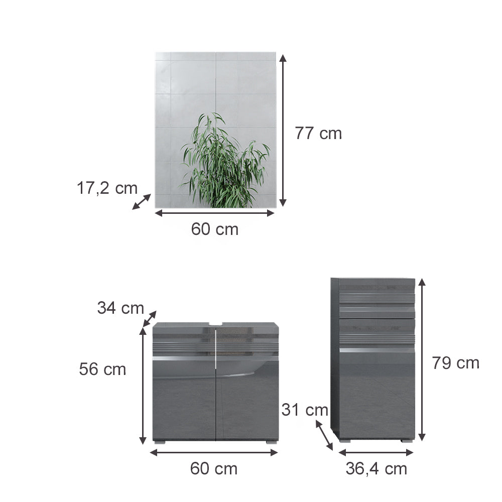 Vicco Set mobili bagno Antracite lucido 3 parti