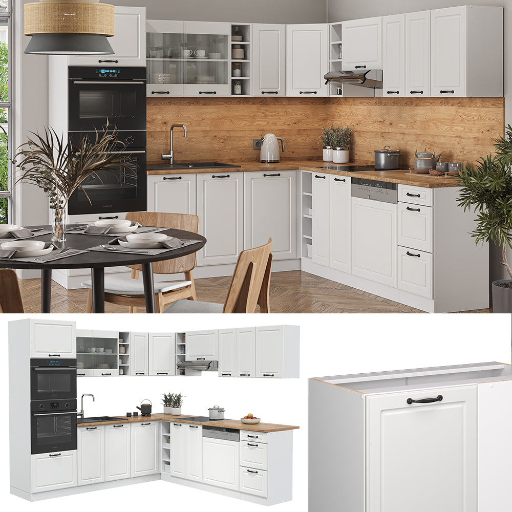 Vicco Cucina angolare completa Casa di campagna bianca/bianco 237 x 60 cm senza piano di lavoro