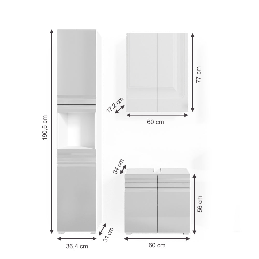 Vicco Set mobili bagno Bianco lucido 3 parti, con colonna
