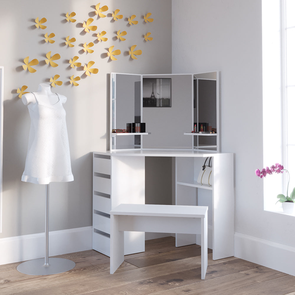 Vicco Tavolo da trucco ad angolo Bianco 110 cm con panca