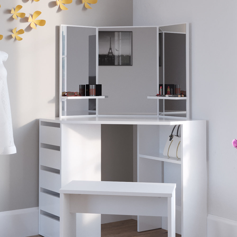 Vicco Tavolo da trucco ad angolo Bianco 110 cm con panca