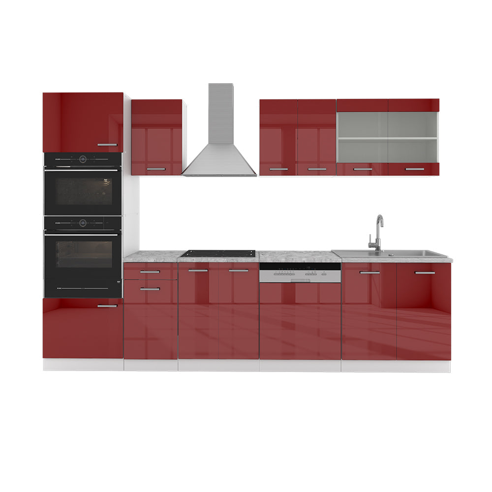 Vicco Cucina componibile Rosso lucido/bianco 300 cm con armadio alto, PL Marmo