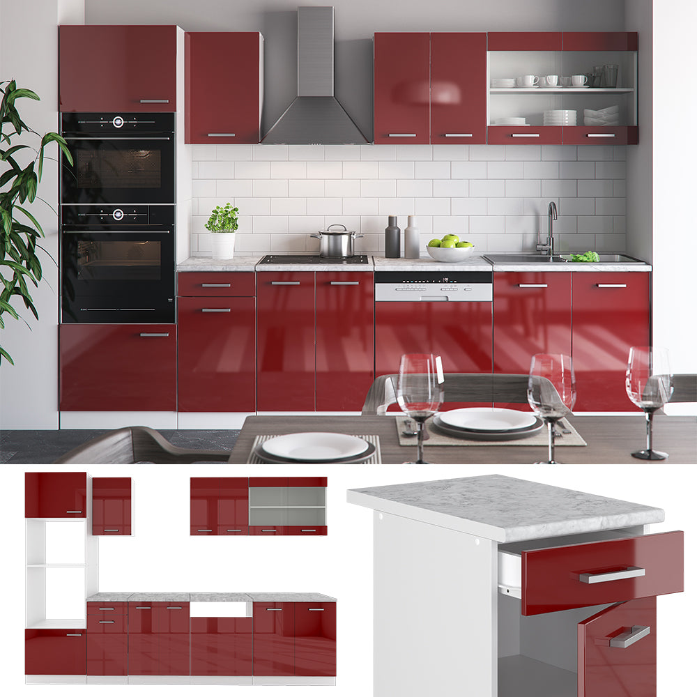 Vicco Cucina componibile Rosso lucido/bianco 300 cm con armadio alto, senza piano di lavoro