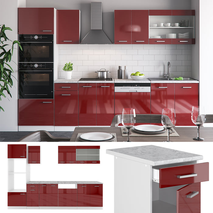Vicco Cucina componibile Rosso lucido/bianco 300 cm con armadio alto, senza piano di lavoro