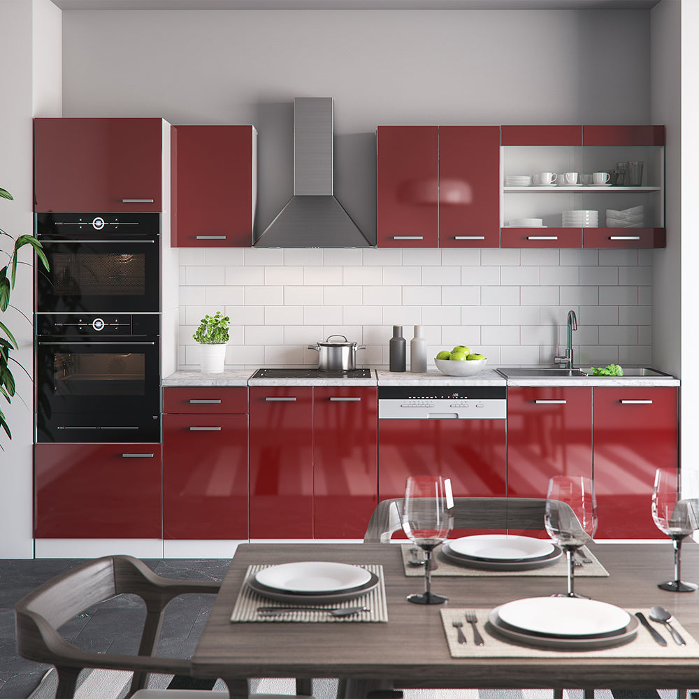 Vicco Cucina componibile Rosso lucido/bianco 300 cm con armadio alto, senza piano di lavoro
