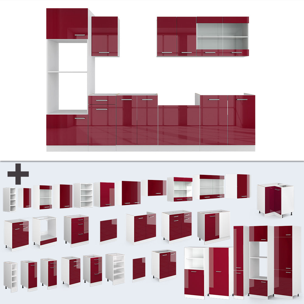 Vicco Cucina componibile Rosso lucido/bianco 300 cm con armadio alto, senza piano di lavoro