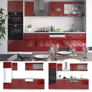 Vicco Cucina componibile Rosso lucido/bianco 300 cm con armadio alto, senza piano di lavoro