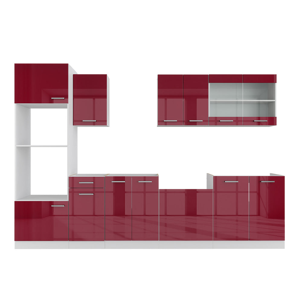 Vicco Cucina componibile Rosso lucido/bianco 300 cm con armadio alto, senza piano di lavoro