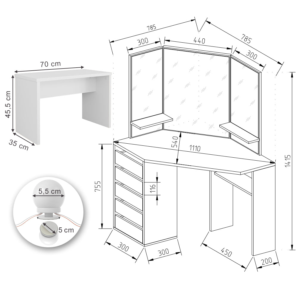 Vicco Tavolo da trucco ad angolo Bianco 110 cm con illuminazione a LED e panca
