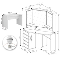 Vicco Tavolo da trucco ad angolo Bianco 110 cm con illuminazione a LED e panca