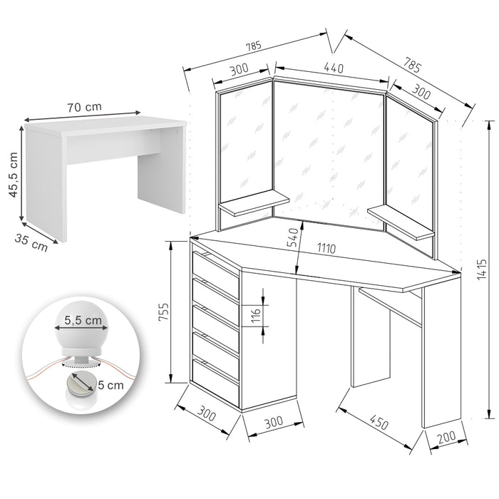 Vicco Tavolo da trucco ad angolo Bianco 110 cm con illuminazione a LED e panca