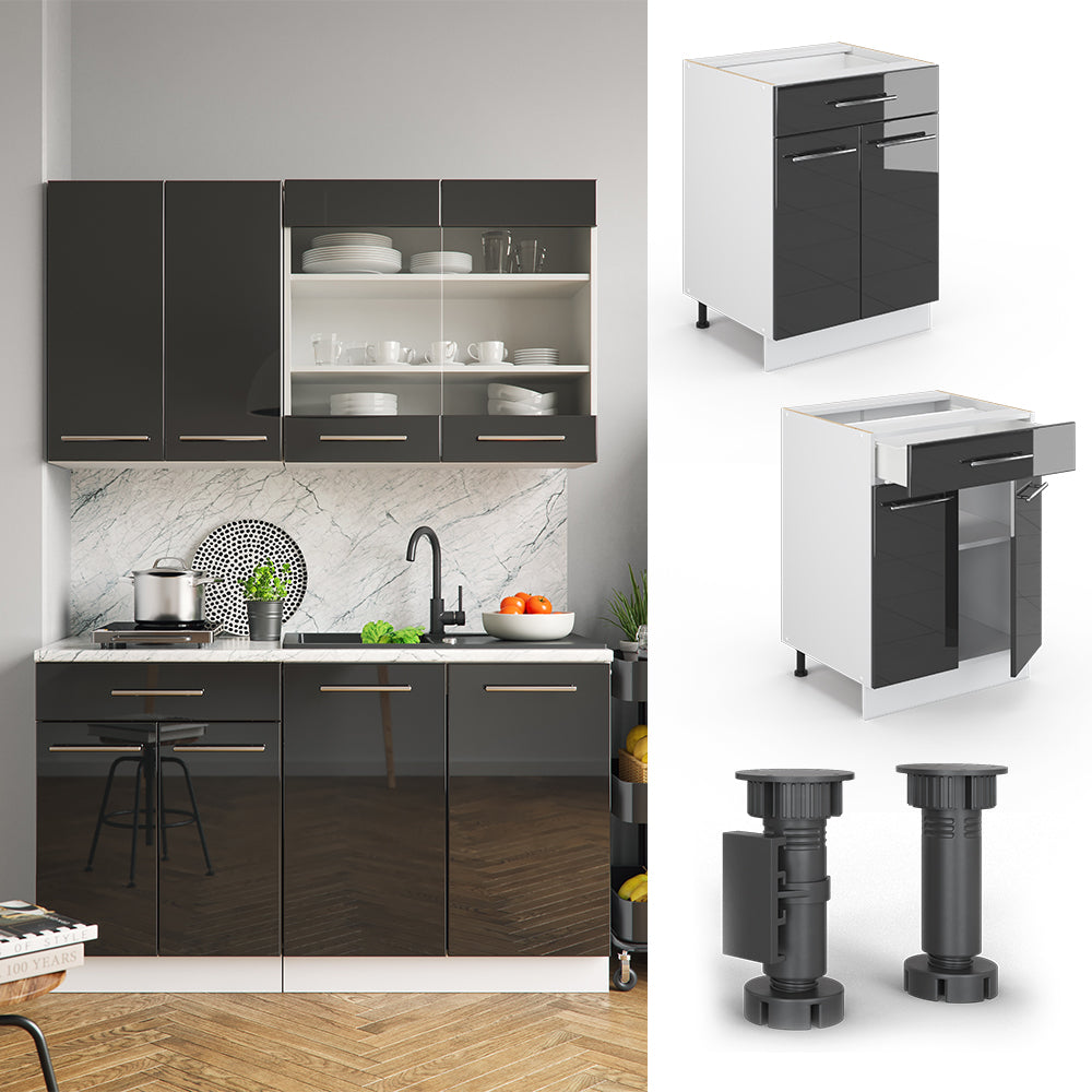 Vicco Mobiletto base per cucina Antracite lucido 60 cm con cassetto, PL Marmo