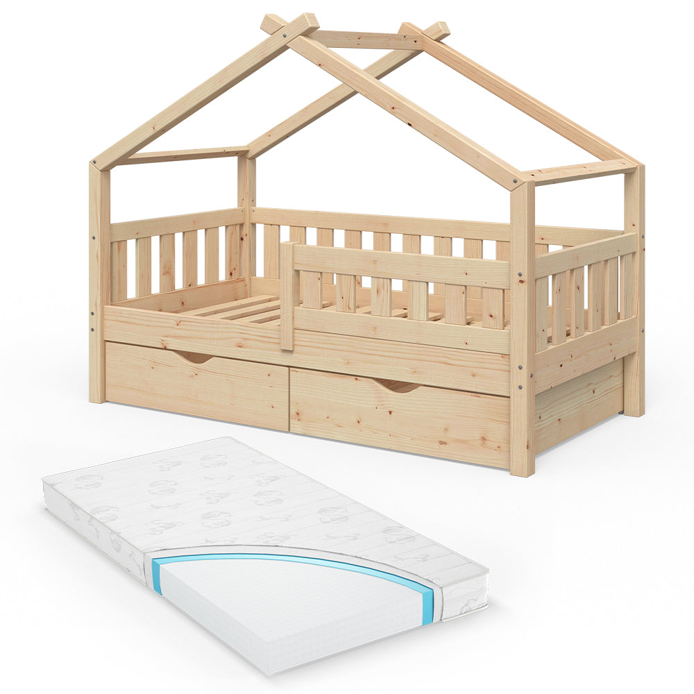 Vitalispa Letto montessori bambini Legno naturale 80x160 cm con 2 cassetti e materasso