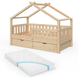 Vitalispa Letto montessori bambini Legno naturale 80x160 cm con 2 cassetti e materasso