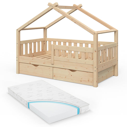 Vitalispa Letto montessori bambini Legno naturale 80x160 cm con 2 cassetti e materasso