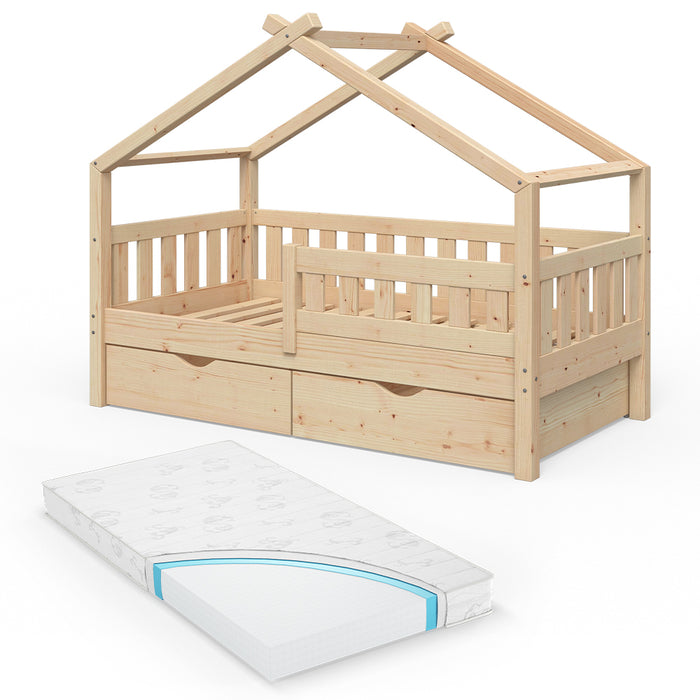 Vitalispa Letto montessori bambini Legno naturale 80x160 cm con 2 cassetti e materasso