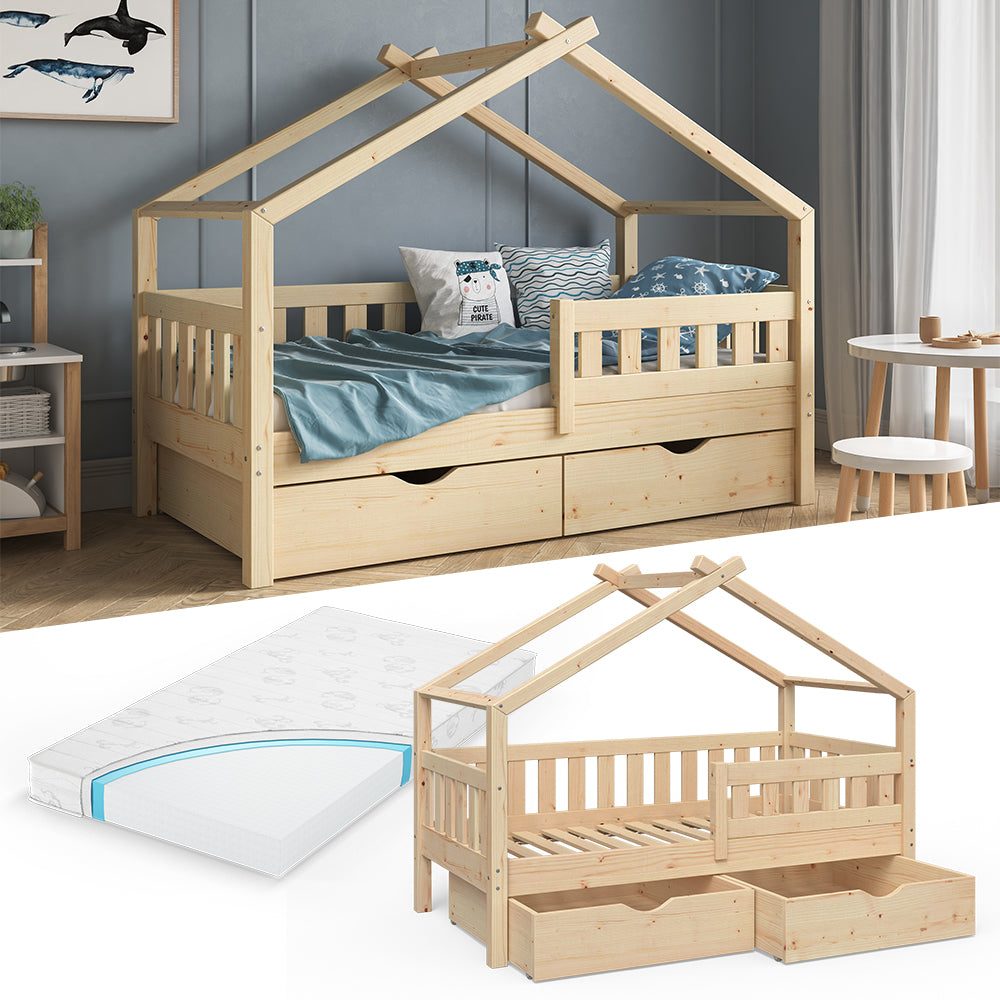 Vitalispa Letto montessori bambini Legno naturale 80x160 cm con 2 cassetti e materasso