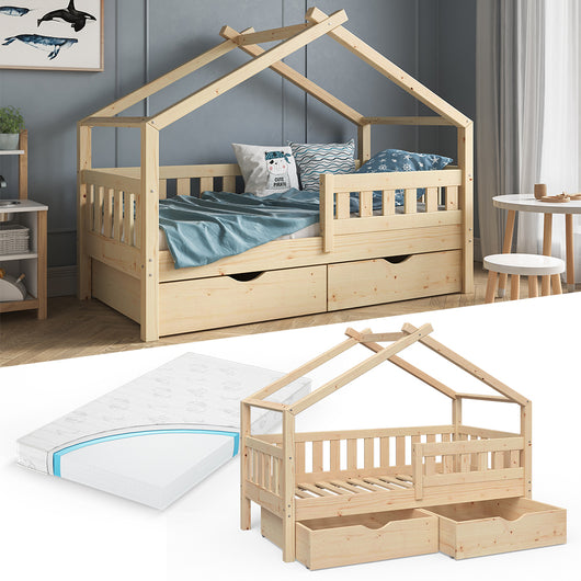 Vitalispa Letto montessori bambini Legno naturale 80x160 cm con 2 cassetti e materasso