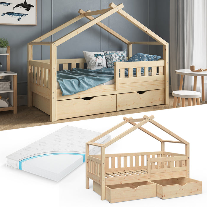 Vitalispa Letto montessori bambini Legno naturale 80x160 cm con 2 cassetti e materasso