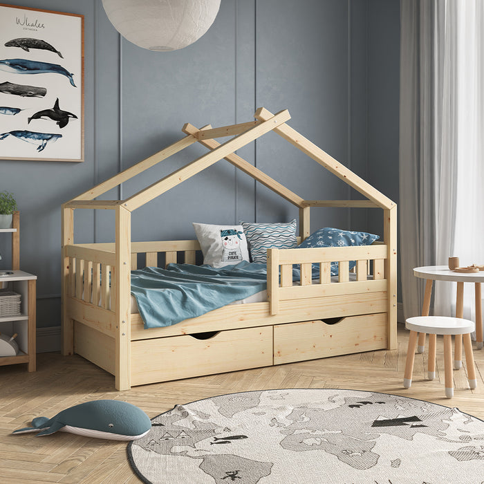 Vitalispa Letto montessori bambini Legno naturale 80x160 cm con 2 cassetti e materasso
