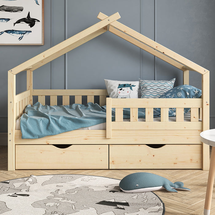 Vitalispa Letto montessori bambini Legno naturale 80x160 cm con 2 cassetti e materasso