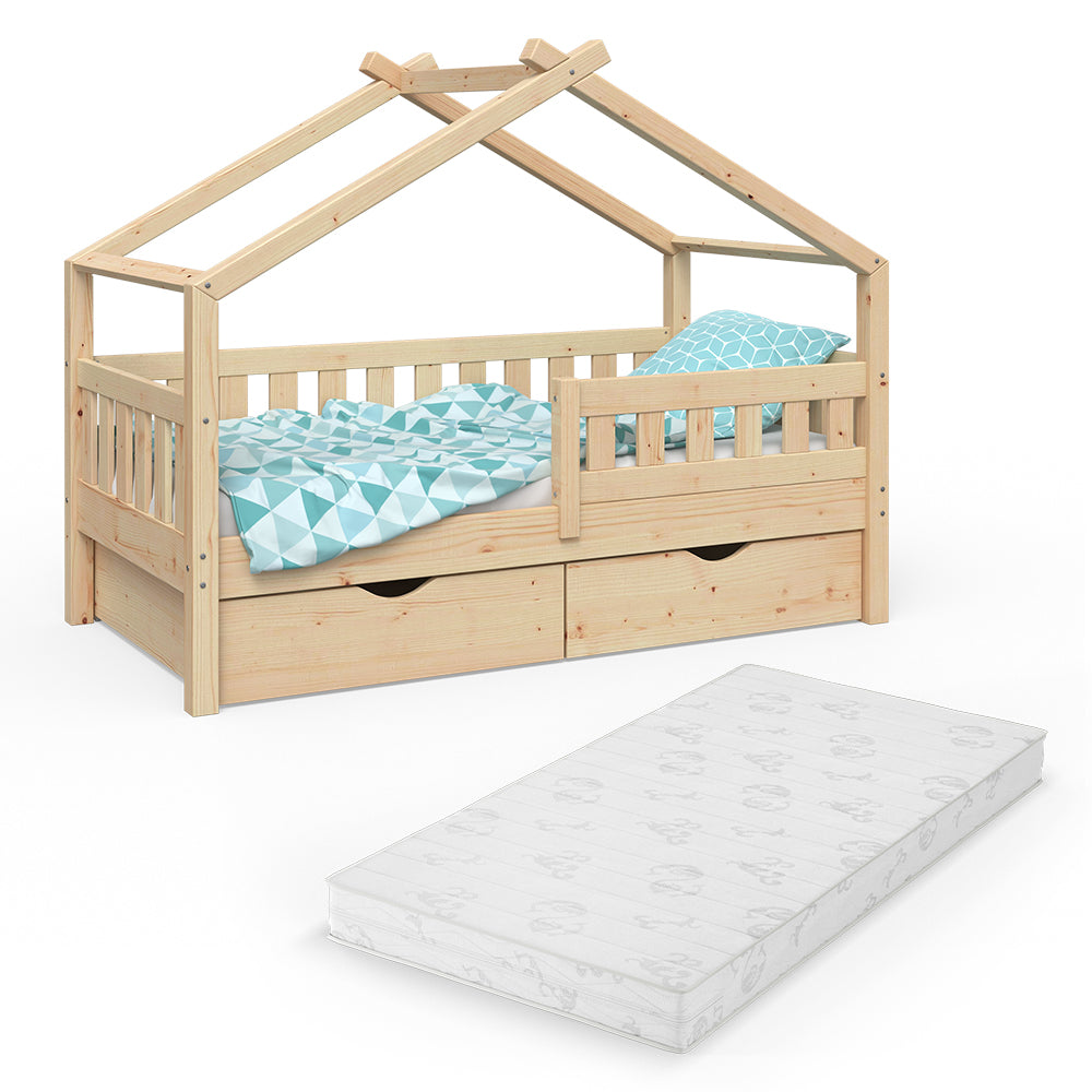 Vitalispa Letto montessori bambini Legno naturale 80x160 cm con 2 cassetti e materasso
