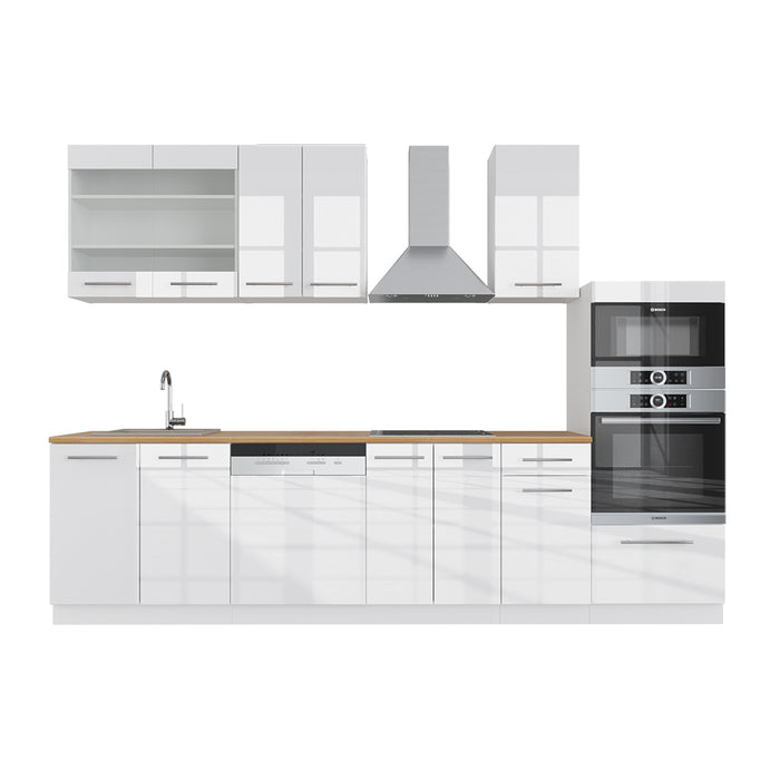 Vicco Cucina componibile Bianco lucido/bianco 300 cm con armadio alto, PL Rovere