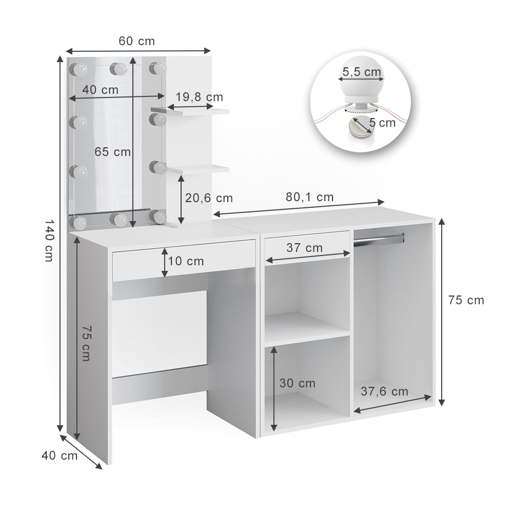 Vicco Tavolo da toeletta Bianco 60 cm con illuminazione LED e armadio