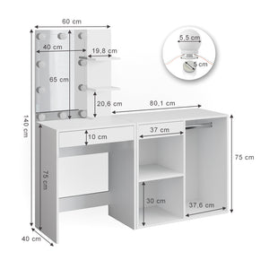 Vicco Tavolo da toeletta Bianco 60 cm con illuminazione LED e armadio